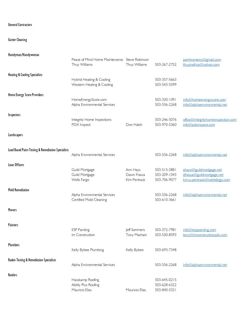 Preferred Contractor List - New Leaf Real Estate Group